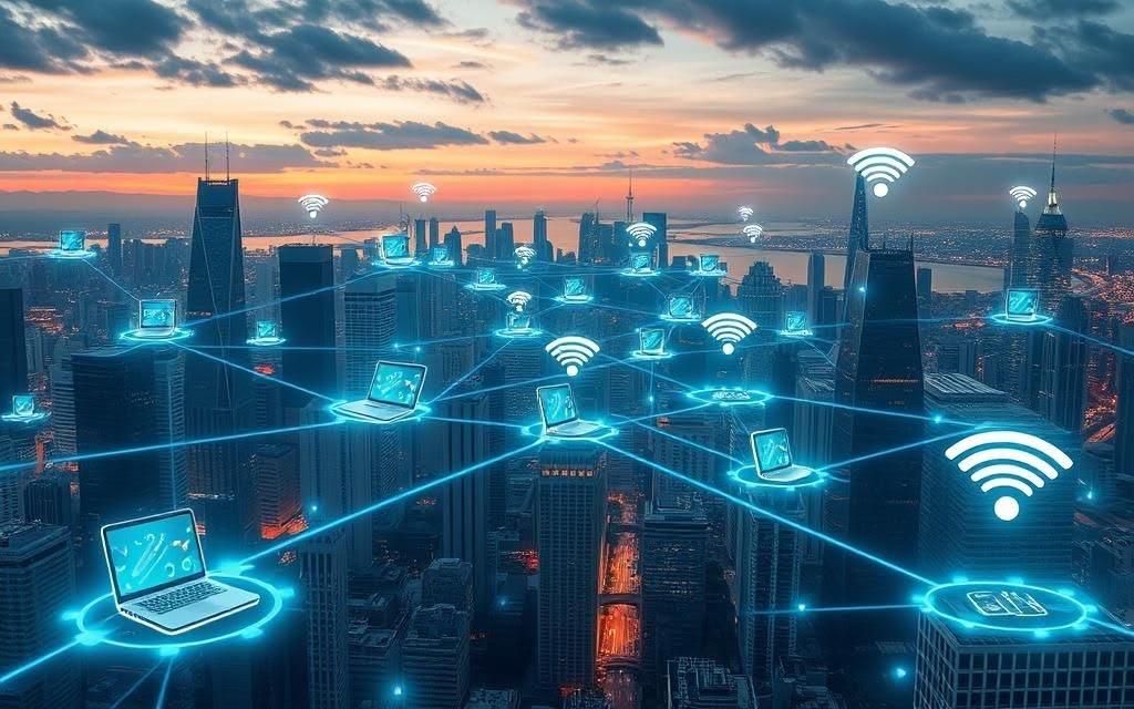 Ilustrasi jaringan internet Garuda Media Telematika 20 Jombang yang menghubungkan berbagai perangkat